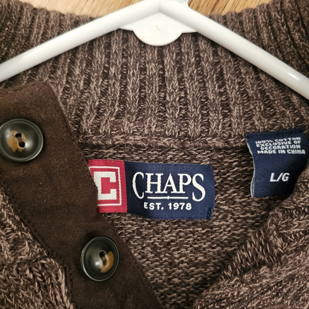 Chaps Large Brown Button Up Neck Long Sleeve Sweater with Elbow Patch Men - Picture 4 of 5